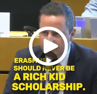 Video thumbnail of a member of the European Parliament speaking, captioned “Erasmus+ should never be a rich kid scholarship”.