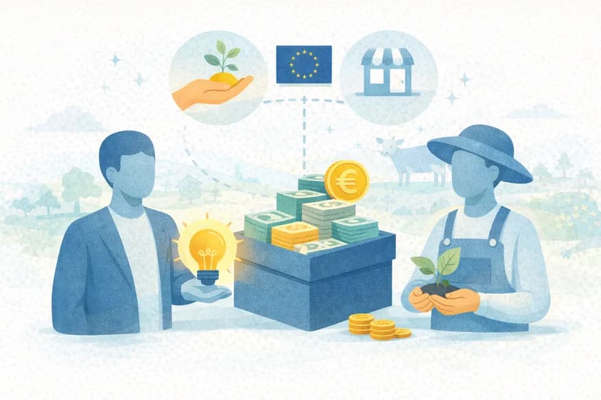 Illustration of an entrepreneur and a farmer either side of a box of euro banknotes, with icons for a seedling, the EU flag and a small shop.