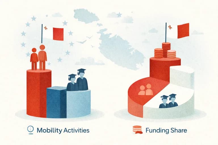 Illustration comparing Malta’s Erasmus+ mobility activities with its share of funding, shown as a bar chart and a pie chart beside the Maltese flag.