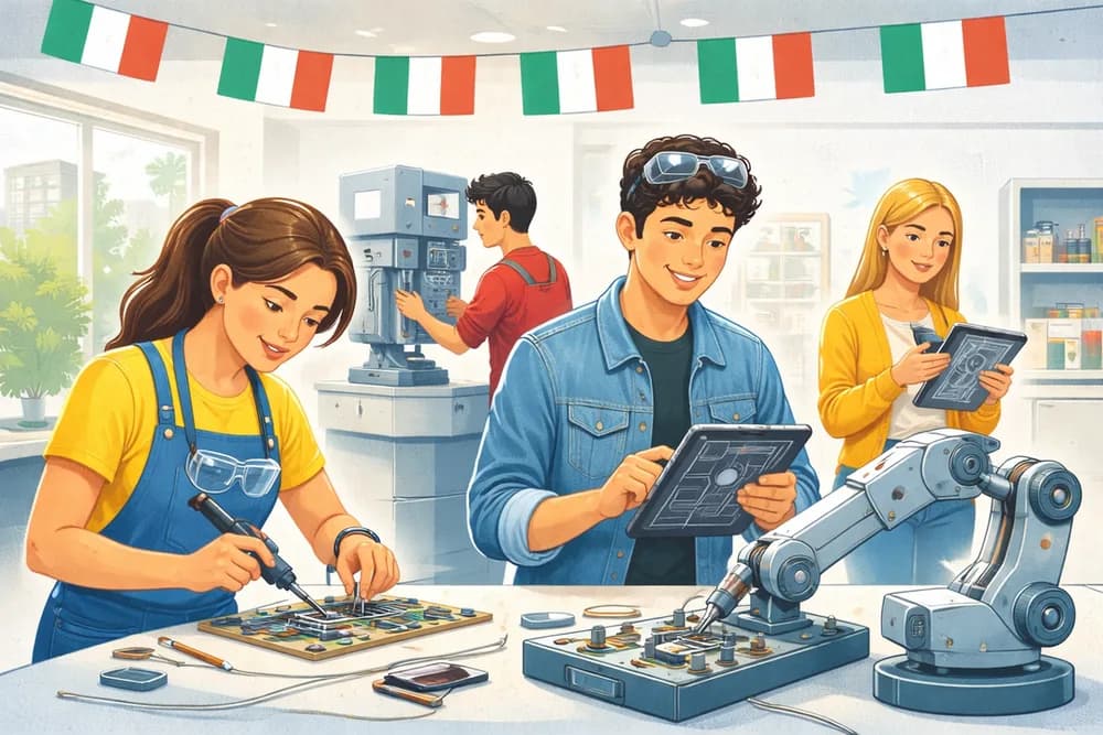 Illustration of students working with electronics and robotic arms in a workshop hung with Italian flags.