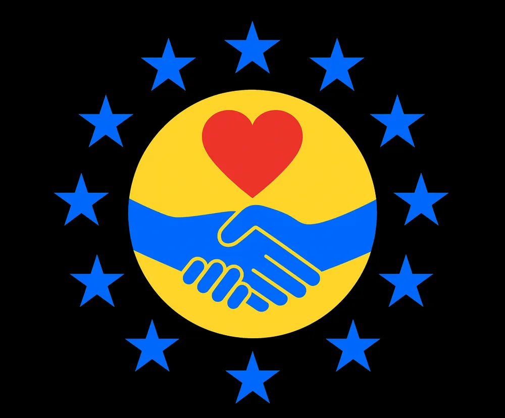 Emblem of a handshake and a heart in Ukrainian blue and yellow, ringed by the stars of the EU flag.