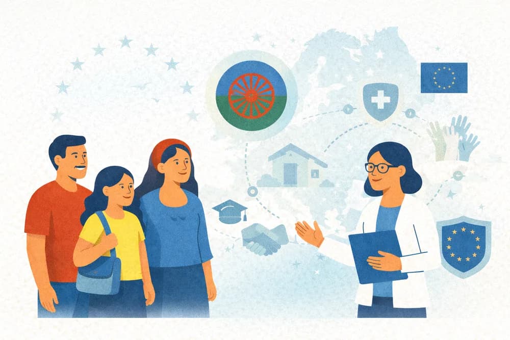 Illustration of a Roma family meeting a project worker, with the Roma wheel flag, a graduation cap, a house and a handshake in the background.