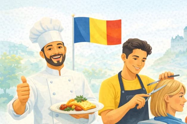 Illustration of a Romanian chef presenting a dish and a hairdresser cutting a client’s hair, under the Romanian flag.