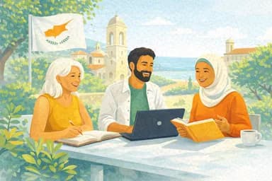 Illustration of three colleagues working outdoors around a laptop under a Cypriot flag, with the Mediterranean behind them.