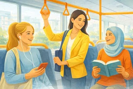 Illustration of three women on a bus, one listening to music, one standing and one reading a book.