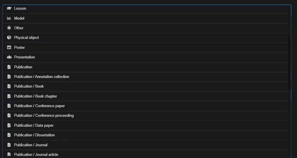 Screenshot of Zenodo’s resource-type list, including lesson, model, poster, presentation and the publication sub-types.