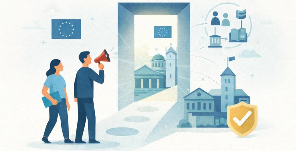 Illustration of two people walking through a doorway marked with the EU flag towards school buildings, one holding a megaphone.