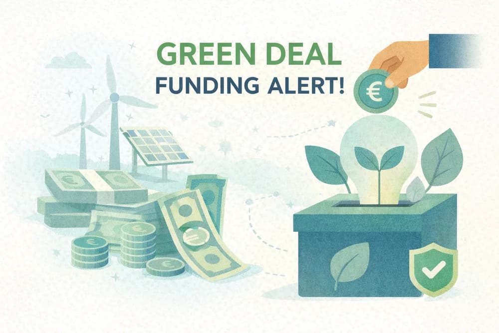 Poster reading “Green Deal Funding Alert!” with wind turbines, solar panels, banknotes and a hand dropping a euro coin into a box sprouting a seedling.