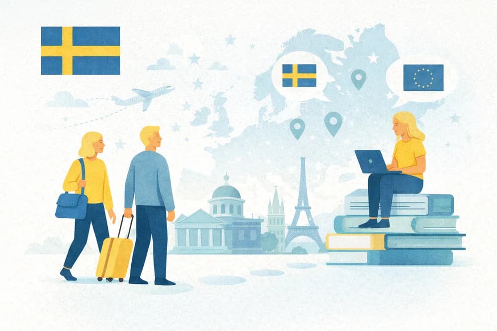 Illustration of Swedish participants travelling across Europe, with the Swedish and EU flags, landmarks and a person working on a laptop atop a stack of books.