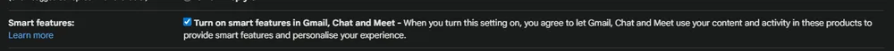 Screenshot of the Gmail setting “Turn on smart features in Gmail, Chat and Meet”, which lets Google use your content and activity to personalise those products.