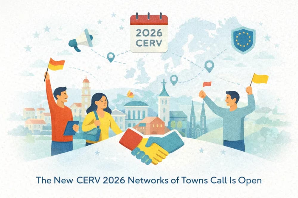 Banner reading “The New CERV 2026 Networks of Towns Call Is Open”, showing townspeople waving flags across a map of Europe above a handshake.