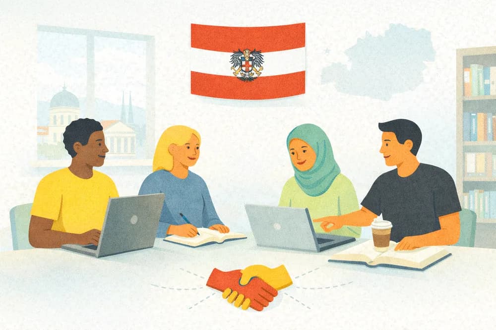Illustration of four colleagues working together at a table under an Austrian flag, laptops and notebooks open.