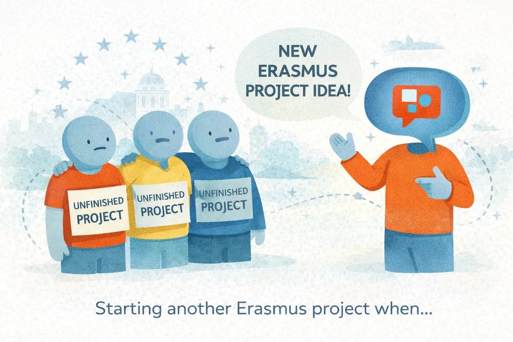Meme captioned “Starting another Erasmus project when…”: an enthusiastic figure announcing a new Erasmus project idea to three glum figures labelled “unfinished project”.