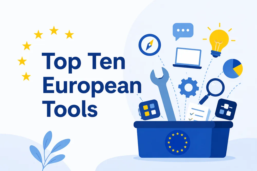 Illustration titled “Top Ten European Tools”: a toolbox marked with the EU flag from which a laptop, lightbulb, chart, magnifier and other icons spill out.