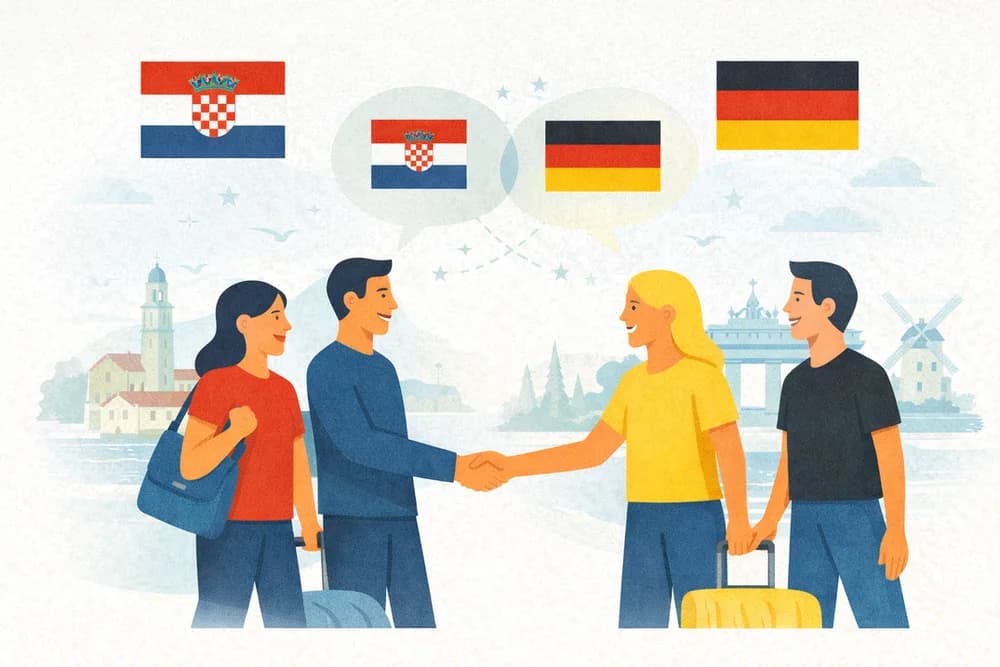 Illustration of Croatian and German partners shaking hands in front of landmarks from both countries, with their flags in speech bubbles.